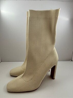 Ribbed Knit Cream Sock Booties with Block Heel
